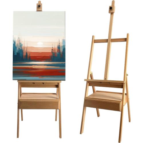 Large Solid Beech Wood Painting Easel with Storage Drawer(60~75 H), H-Frame Adjustable Wooden Easel Stand with Signature Box for Adults, Students,Sturdy Canvas Holder up to 36''