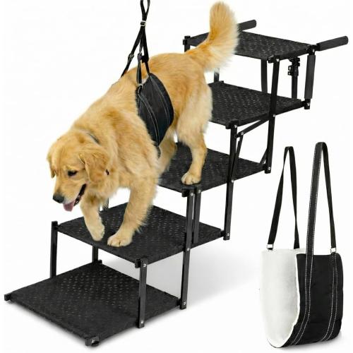 VERALUX Dog Stairs for Large Dogs for Car | 5 Step Foldable Dog Stairs | 200lb Capacity | Non-Slip Rug Steps | XL Lift Assist Harness System | Pet Stairs for Large Dogs | Dog Steps for Truck & SUV