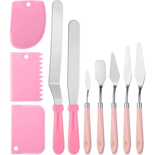 10 Pcs cake spatula set Decorating Kit Baking Supply Accessories Tools for Beginners and Pros Includes 2 Frosting Straight Angled Spatula 3 Icing Smoother Scrapers 5 Pieces Cream tools(Pink)
