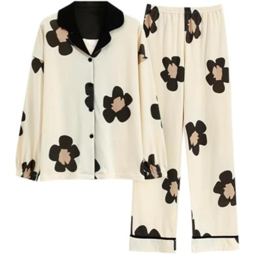 Size L Kawaii Pajamas for Women Autumn Ladies Cardigan Cotton Pajama Korean Lapel Sleepwear Long Sleeve Loungewear