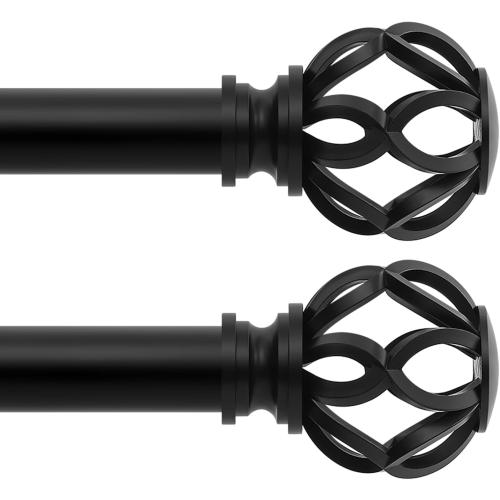 TVWOO Black Decorative Farmhouse Curtain Rods 2Pack:18-45 Adjustable Heavy Duty Single Window Curtain Rod for Bedroom Living Room,Black Boho Rustic Drapery Rods with Vintage Twist Finial Easy Install
