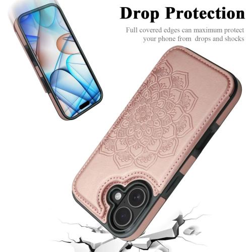 MMHUO for iPhone 17 Case with Card Holder,Flower Magnetic Buttons Protective Wallet Case for Women for iPhone 17 (6.3 Inch),Rose Gold