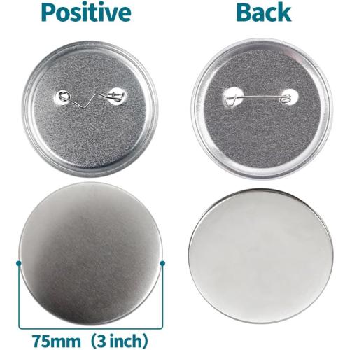 Happizza 100 Sets 75mm(3 inch) Metal Button Supplies,Round Pin Buttons Parts Blank Buttons Making Supplies for Button Maker Machine, Includes Metal Back Cover Shells, Clear Film&Blank Paper&Gasket