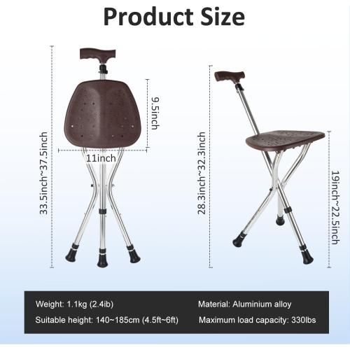 Cane with Seat Folding Lightweight,Walking Stick Height Adjustment,Cane Chair for Seniors Balance Supports Up to 330 Pounds,Anti-Slip Walking Stick for Elderly Men, Disabled