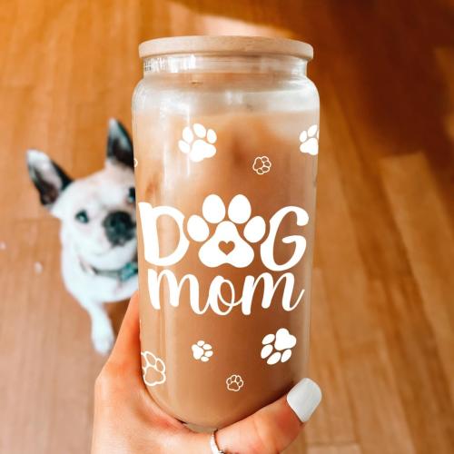 SANDJEST Dog Mom Cup 16 Oz Can Glass Coffee Mug with Bamboo Lid & Straw - Dog Lover Gifts for Women - Dog Mom Gift for Birthday Mothers Day
