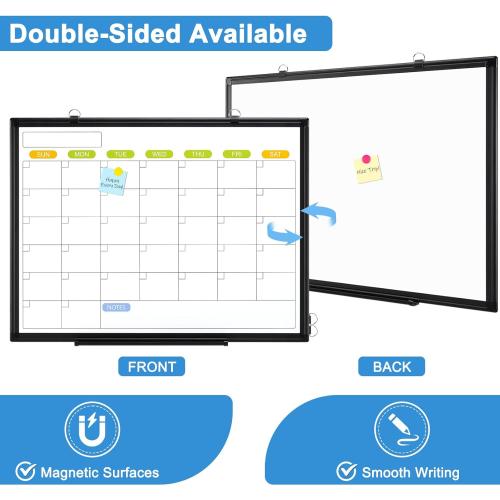 Dry Erase Calendar Whiteboard for Wall, WALGLASS 36 x 24 Magnetic White Board, Monthly Dry Erase Calendar with Silver Aluminum Frame, Double-Sided Hanging Portable Board for Office, Home, School