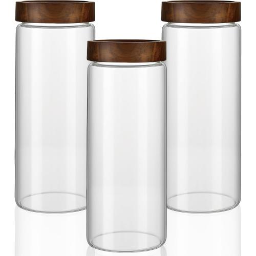3 Pack 50 fl oz/1500 ml Clear Glass Storage Canister with Airtight Wooden Screw On Lid, Large Tall Decorative Glass Container Jar Set for Coffee, Nut, Tea, Candy, Cookie, Cereal, Sugar, Flour