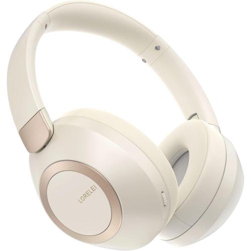 LORELEI B-C6 Wireless Over Ear Headphones, 50H Playtime Foldable Lightweight Bluetooth Headsets, Deep Bass, Built-in Microphone, Memory Foam Earmuff, for Travel, Home Office (Beige White)