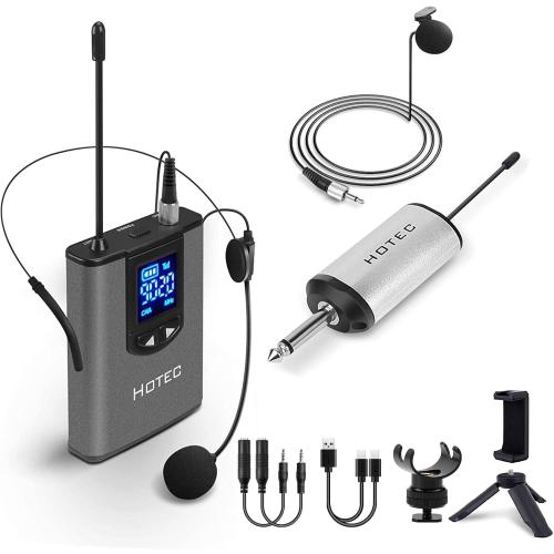HOTEC UHF Wireless Headset Microphone/Lavalier Lapel Mic with Bodypack Transmitter and Mini Rechargeable Receiver 1/4 Output for Vlogging or Speech
