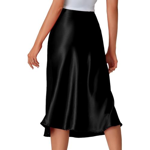 Size S....Women's Elegant Satin Silky Elastic High Waist Zipper A Line Midi Skirts