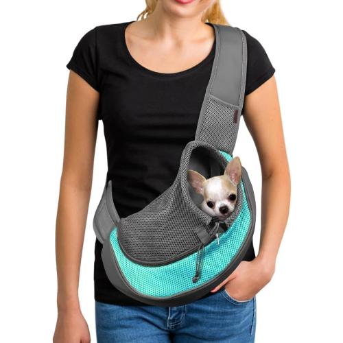 Size Large Grey and Cyan YUDODO Pet Sling Carrier for Small Dogs & Cats – Hands-Free Puppy Carrier with Safety Hook, Large Zipper Pocket, Soft Breathable Mesh, Adjustable Strap & Reflective Strip (Cyan 1.0 L)