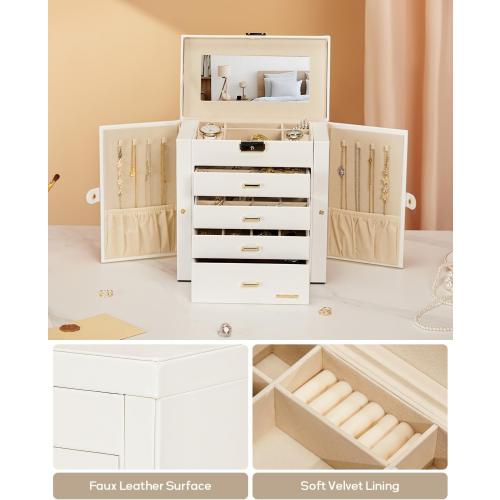 Homde Synthetic Leather Huge Jewelry Box Mirrored Watch Organizer Necklace Ring Earring Storage Lockable Gift Case (White   Gold)