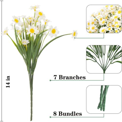 Artificial Daisies Outdoor Artificial Flowers,8 Bundles UV Resistant Fake Flowers Outdoor Plastic Flowers Shrubs for Indoor Outside Garden Porch Window Box Home Decor(White)