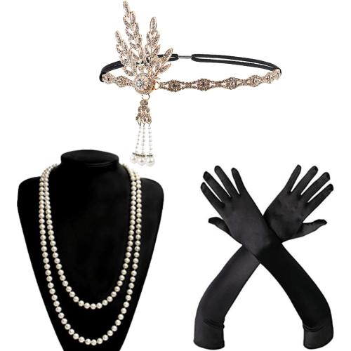Wiggy Mermaid 1920s Accessories for Women Roaring 20s Flapper Feather Headband Headpieces Pearl Necklace Black Gloves Great Gatsby Accessory Set