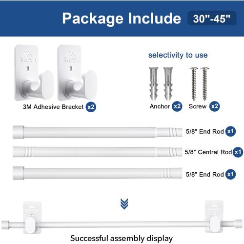 Curtain Rods No Drilling for Windows 30 to 45 Inches,5/8 Inch Diameter No Drill Small Curtain Rod Set with 3M Adhesive Brackets,Not Suitable for Painted Walls, White
