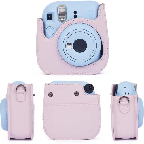 Phetium Instant mini 12 Camera Protective Case Compatible with Instax Mini 12 11,PU Leather Bag with Pocket and Adjustable Shoulder Strap (Blossom Pink)