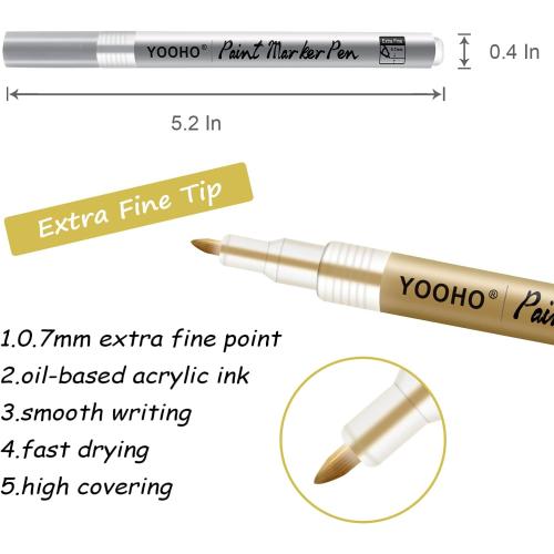 Paint Pen Gold Silver Metallic Permanent Acrylic Markers Set for Fabric Glass Rock Wooden Ceramic Leather Tire Painting, 0.7mm Extra Fine Tip (3pcs Gold 3pcs Silver)
