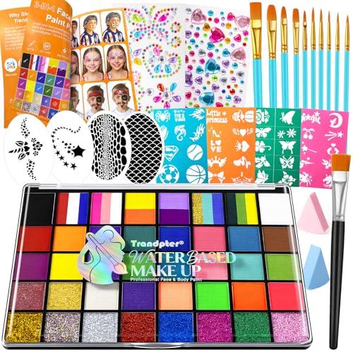 Face Painting Kit for Kids - 40 Color Pro Facepaint Palette Non-Toxic Water Activated, Complete Kit with Brush, Stencil, Sponge, for Birthday Parties, Carnival, Costume Makeup, Festivals & Events