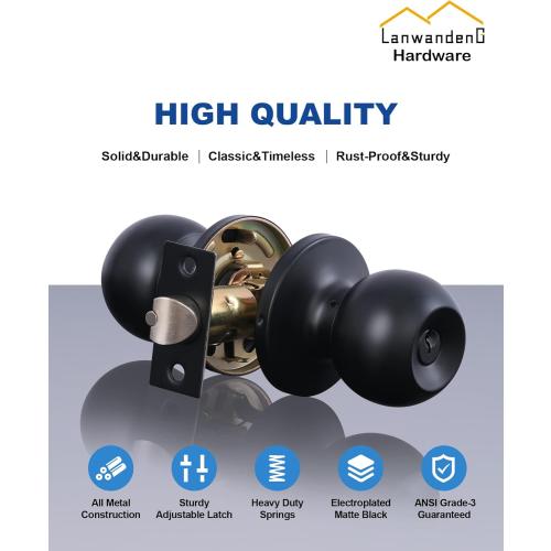 Lanwandeng Matte Black Door Knobs with Lock and Keys, Interior/Exterior Door Knob for Bedroom or Bathroom, Entry Door Lock