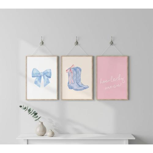 6Pcs Blue Pink Preppy Canvas Wall Art Coquette Room Posters Print Artwork Cute Bow Boot Wall Decor How Lucky Are We Painting Pictures for Girls Room Dorm Bedroom Home Decoration 8x10in Unframed