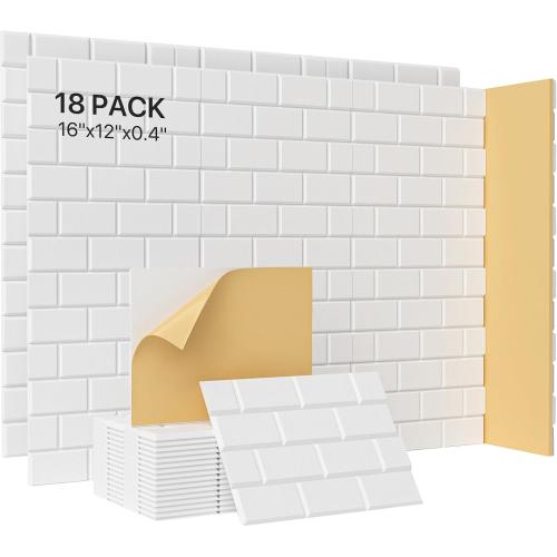 Acoustic Wall Panels, Peel and Stick Sound Absorbing Panel for Ceiling, Door, Pared, 18 Pack 16x12x0.4,Brick Pattern White Decorative Self Adhesive Wall Tiles for Recording Studio, Room