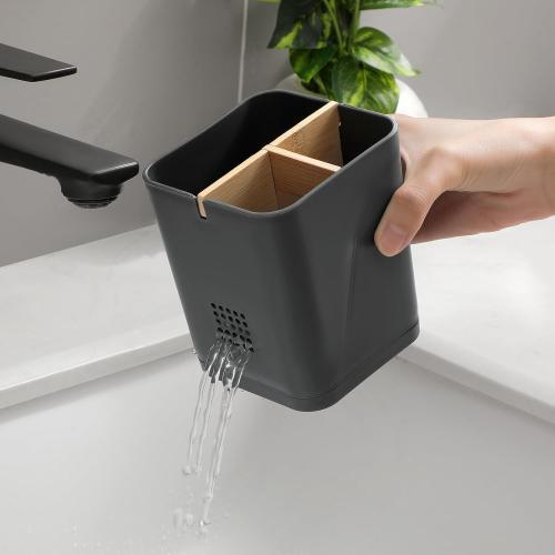 Electric Toothbrush Holder 3 Slots Tooth Brushing Holder with Bamboo Dividers for Bathrooms, Plastic Toothbrush and Toothpaste Organizer for Shower, Countertop, Vanity, Cool Grey