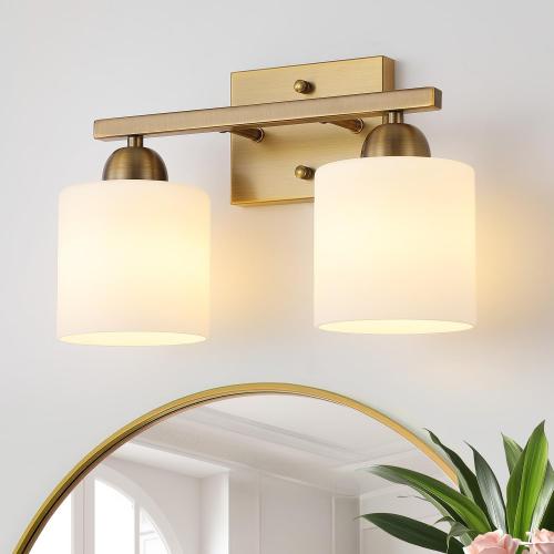 Mecgirn Milk Glass Vanity Lights for Bathroom, 2 Light Antique Matte Brass Bathroom Vanity Light Fixtures Over Mirror, Ceramic E26 Sockets Wall Mounted