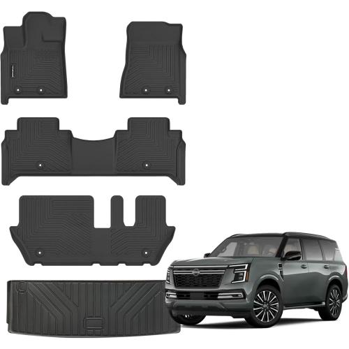 Floor Mats for 2025 Nissan Armada 8 Seats Upgrade Trunk Mat All Weather Floor Liners TPE Rubber Cargo Liner Fit for Nissan Armada 2025 Anti-Slip Full Set Automobile Mats Accessories