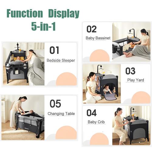 MMBABY 5-in-1 Pack and Play Portable Crib for Baby,Multifunction Bedside Crib from Newborn to Toddlers,U-Shaped Diaper Changer,Playard,Safety Strap,Carry Bag (Black)