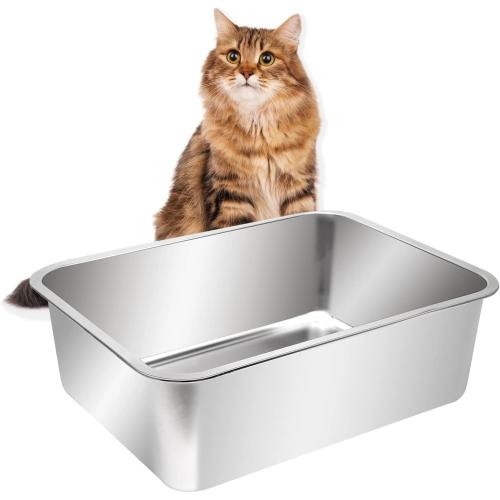 Kichwit Extra Large Stainless Steel Open Cat Litter Box | High Sides, Metal Litter Pan for Cat,