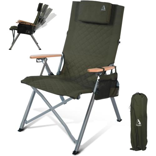 Camping Reclining Chair, Heavy Duty Folding Chairs with 4-Stage Adjustable High Back for Adults, Compact Foldable Outdoor Patio Reclining Chair with Storage Bag （Green）