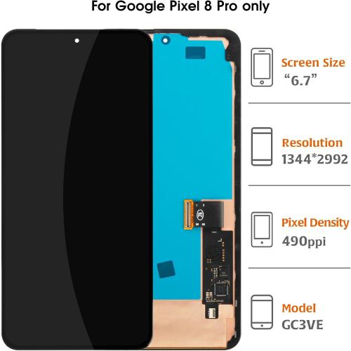 Olivechard for Google Pixel 8 Pro Screen Replacement with Frame (Fingerprint Cable Transfer Required) Aftermarket Display for GC3VE G1MNW – 6.7 Touch Digitizer Assembly (Not Original LTPO OLED)