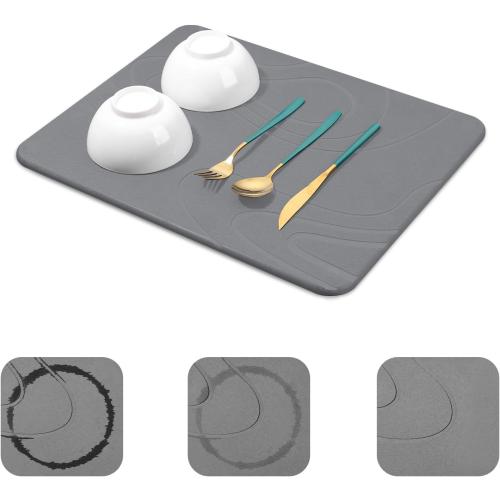 Stone Drying Mat for Kitchen Counter - 18x14 Dirt-Resistant Quick Drying Fast Absorbent Non-Slip Diatomite Mat, Natural Diatomaceous Earth Dish Drying Pad for Dish Rack(Dark Grey)