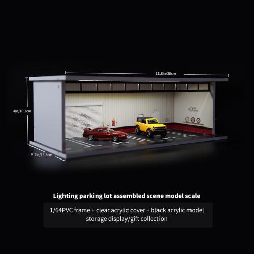 1/64 Diorama Display Case with LED Lights, Model Car Display and Storage, Compatible with Hot-Wheels Match-Box Mini GT Diecast Cars, Stackable Design