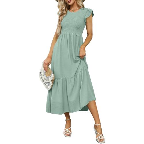 Size M  Women's Casual Maxi Dresses with Pockets Ruffle Sleeve Smocked Dresses