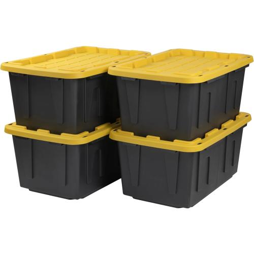 CX BLACK & YELLOW, 27-Gallon Heavy Duty Tough Storage Container & Snap-Tight Lid, (14.3H x 20.6W x 30.6D), Weather-Resistant Design and Stackable Organization Tote [4 Pack] - 1 cover missing, 3 covers damage