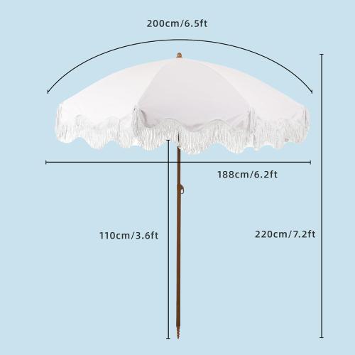 Rayjee 6.5FT Patio Umbrella with Fringe, UV Protection Beach Umbrella with Tilt & Adjustable Height, Includes Carry Bag & Ground Stake, Outdoor Umbrella for Pool, Garden, Backyard