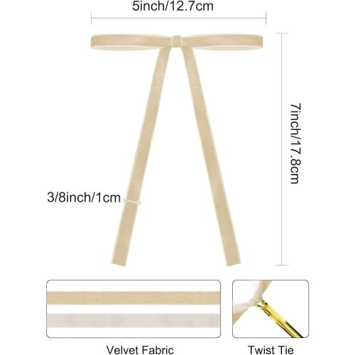 SIMISI RIBBON 24Pcs Champagne Christmas Velvet Ribbon Bows Decorations Xmas Ornaments Vintage Decor for Tree, Wreath, Garland (3/8'' Width, 5 * 7 inch)