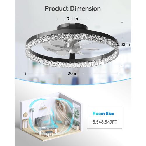 addlon Ceiling Fans with Lights and Remote, 20'' Low Profile Ceiling Fans, 3000-6000K Dimmable Modern Flush Mount LED Fan Light, Fandelier Ceiling Fan for Bedroom, Kitchen, Living Room, Black