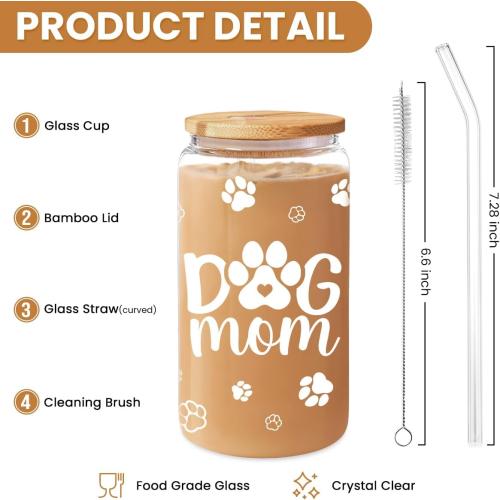 SANDJEST Dog Mom Cup 16 Oz Can Glass Coffee Mug with Bamboo Lid & Straw - Dog Lover Gifts for Women - Dog Mom Gift for Birthday Mothers Day