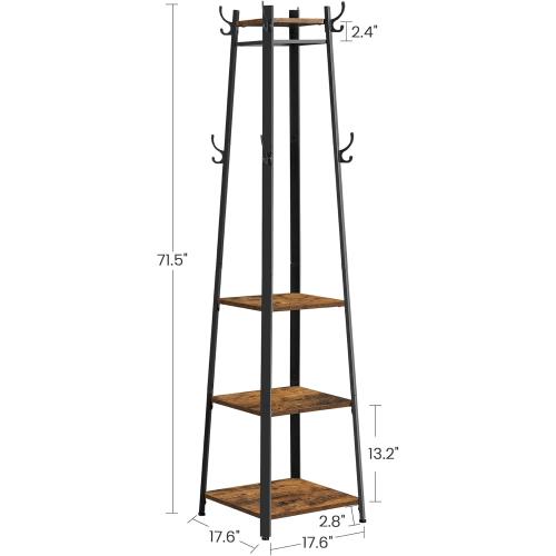 VASAGLE Coat Rack, Coat Stand with 3 Shelves, Hall Tree Free Standing with Hooks for Scarves, Bags, Umbrellas, Steel Frame, Industrial Style, for Entryway, Living Room, Rustic Brown and Black ULCR80X