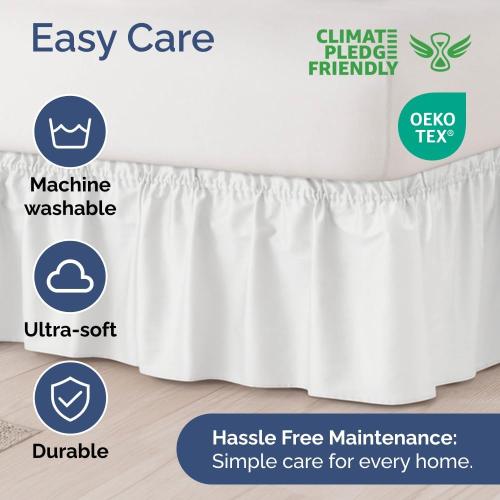 Size King Color White Wrap Around Dust Ruffle Bed Skirt - White - for King Size Beds with 15 Inch Drop - Easy Fit Elastic Strap - Adjustable Pleated Bedskirt w/Brushed Fabric - Wrinkle Free - for Women, Men, Kids & Teens