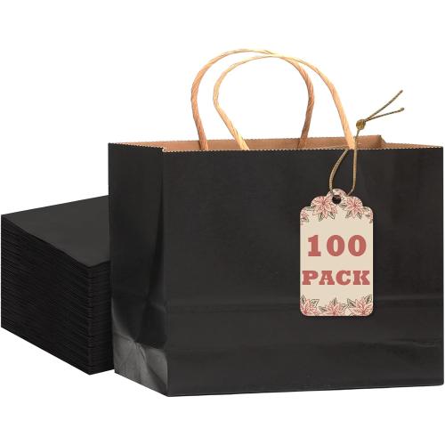 qiqee 13x4.5x10 Large Gift Bag with Handles Bulk 100PCS Gift Paper Bags Black Bags Multiple Uses (Wide Large)