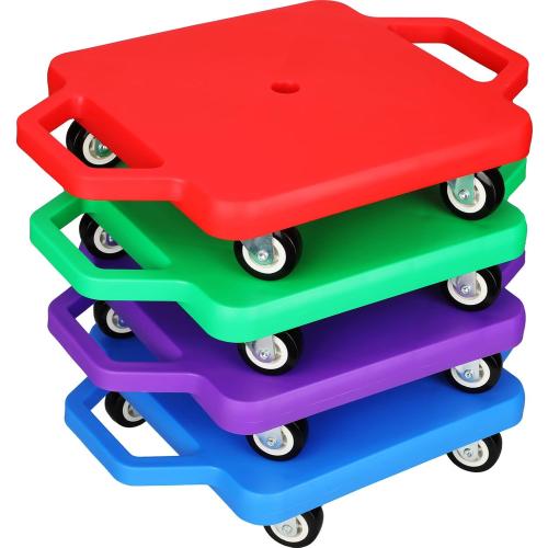 Jerify 4 Pieces Sports Scooter Board with Handles Plastic Casters Floor Sitting Scooter Boards for Kids Children Gym Indoor Outdoor Activities Play Equipment, 11.22 x 11.22 inch