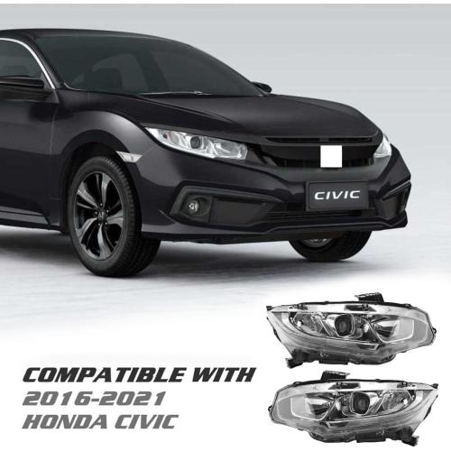 Headlight Assembly Fit for 2016-2021 Honda Civic,Halogen Headlamp w/LED DRL Chrome Housing Replacement Driver Passenger Side