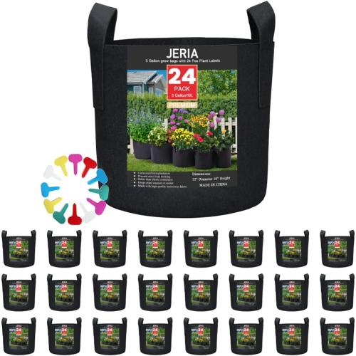 Size 5 gallon JERIA 24-Pack 5 Gallon Nonwoven Grow Bags, Plant Grow Bags，Heavy Duty Aeration Fabric Pots with Durable Handles, Come with 24 Pcs Plant Labels
