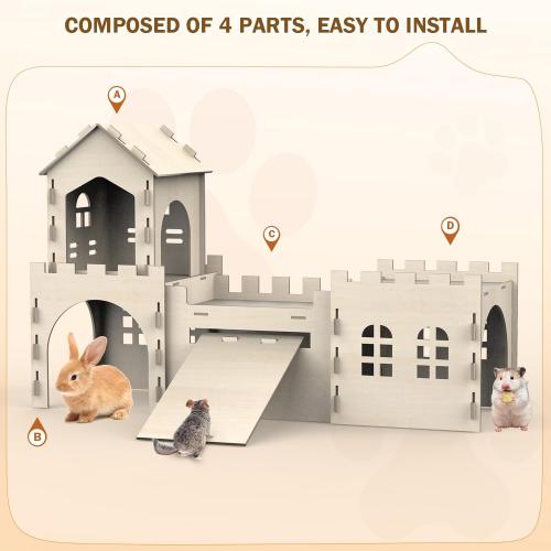 Large Bunny House and Hideouts, Wooden Dual-Layer Rabbit Castle with Stair, Rubber Band-Free Setup - Chew-Proof, Sturdy Habitat for Guinea Pig Chinchilla Ferret (Rabbit House)