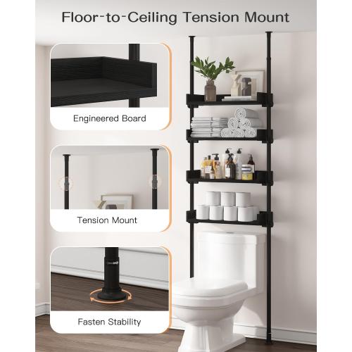 ALLZONE 4 Tier Over The Toilet Storage, Adjustable Wood Over Toilet Bathroom Organizer, Freestanding Shelves, Fit Most Showers Over The Toilet Shelf, 92 to 116 Inch Tall, Black