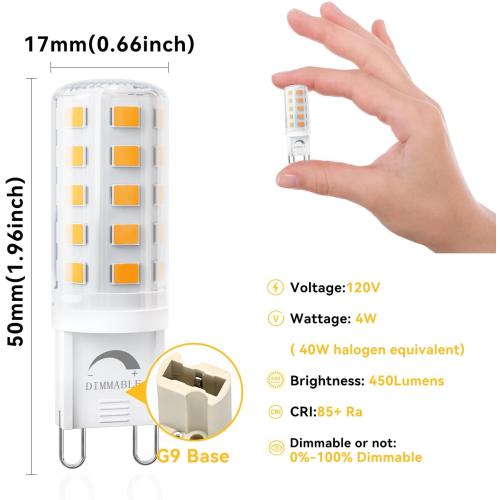 TJOY 12 Pack Dimmable G9 LED Bulb 3000K, 40 Watt Eq 4W, Soft Warm White | T4 G 9 Bi-pin Base Halogen Replacement, 120V No Flicker, 450LM for Chandelier Wall Sconce