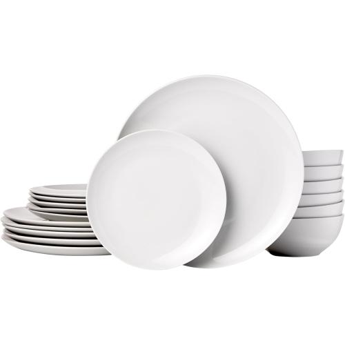 Amazon Basics 18-Piece Complete Kitchen Dinnerware Set, Microwave and Dishwasher Safe, Plates, Dishes, Bowls for Everyday Use, Service for 6, White Porcelain Coupe